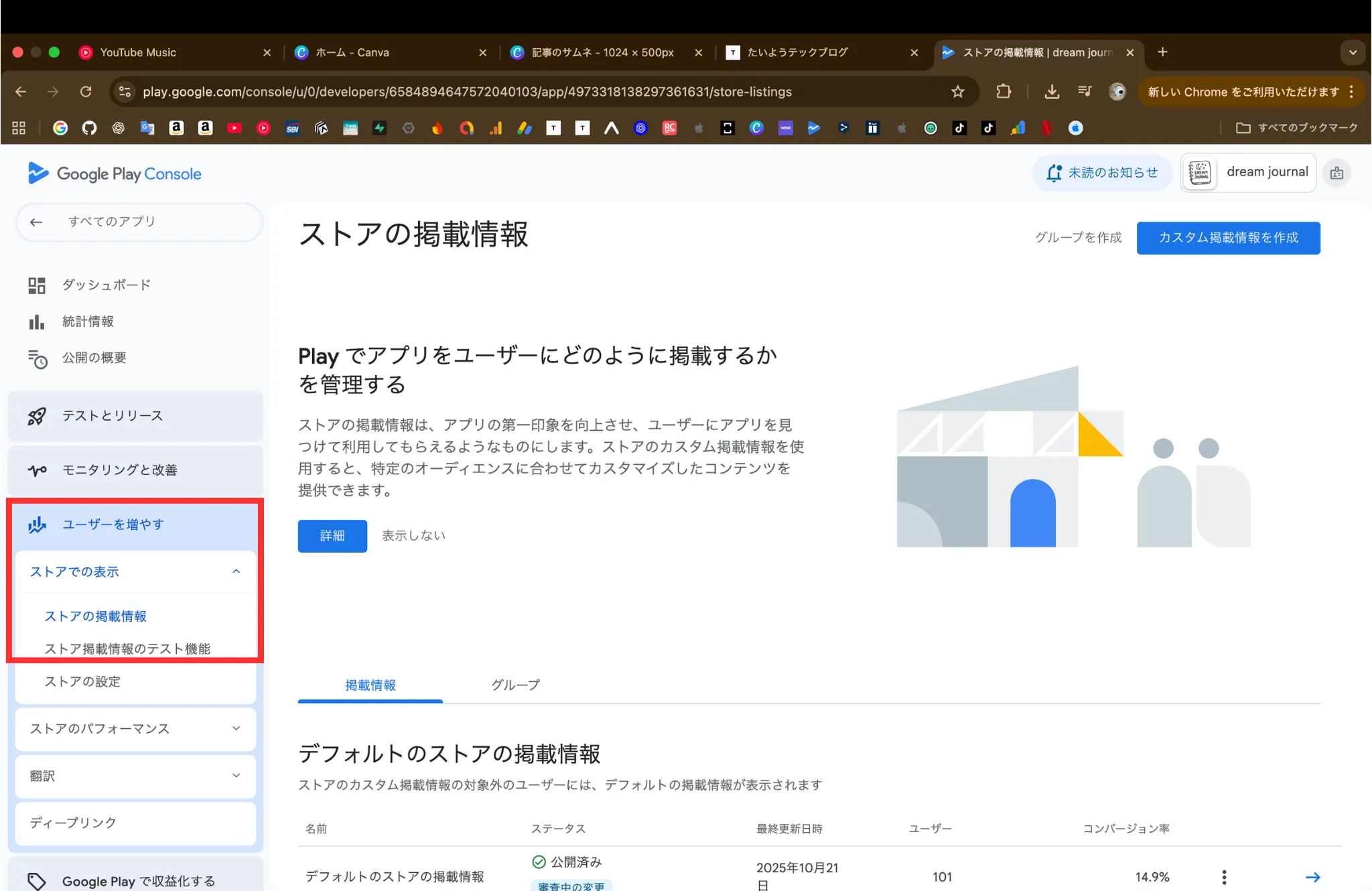 Google Play Consoleの「ユーザーを増やす」→「ストアの掲載情報」メニュー画面
